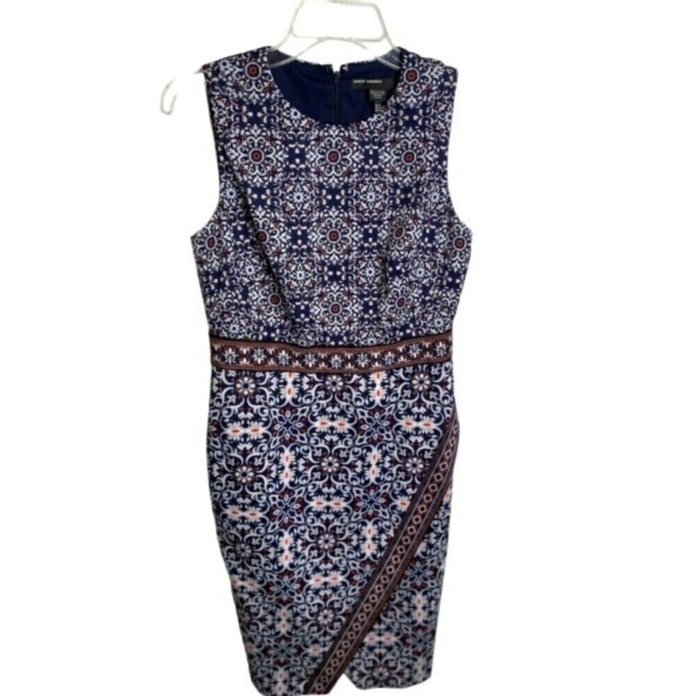 Maggy London Dress V Neck Midi Navy Print Stretchy US 6 EUC